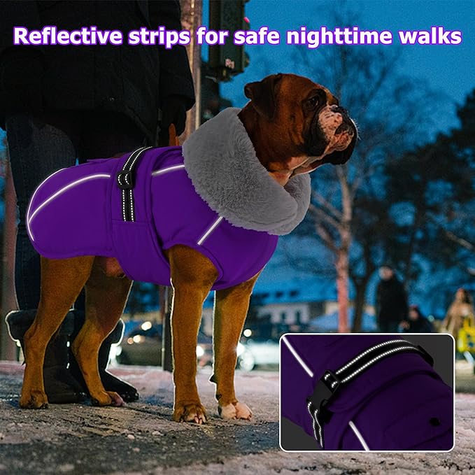 Dogcheer Dog Coat with Pocket, Waterproof Dog Jacket with Adjustable Buckle, Reflective Puppy Winter Coat Warm Turtleneck Fleece SnowJacket for Small Medium Large Dogs - Purple L