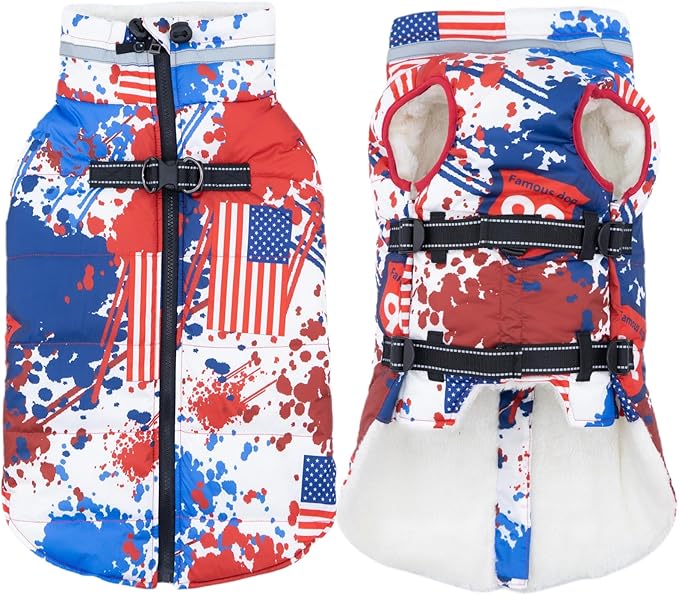 Large Dog Coat with Harness Built-in, Waterproof Reflective Fleece Lined - Warm Windproof Winter Jacket with Back Zipper, Cold Weather Snow Dog Coats - Flag - 3XL