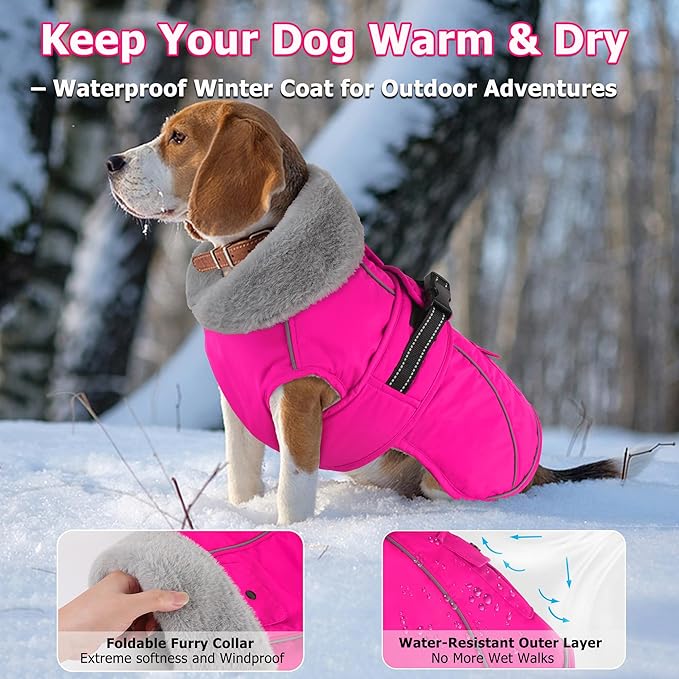 Dogcheer Dog Coat with Pocket, Waterproof Dog Jacket with Adjustable Buckle, Reflective Puppy Winter Coat Warm Turtleneck Fleece SnowJacket for Small Medium Large Dogs - Pink 3XL