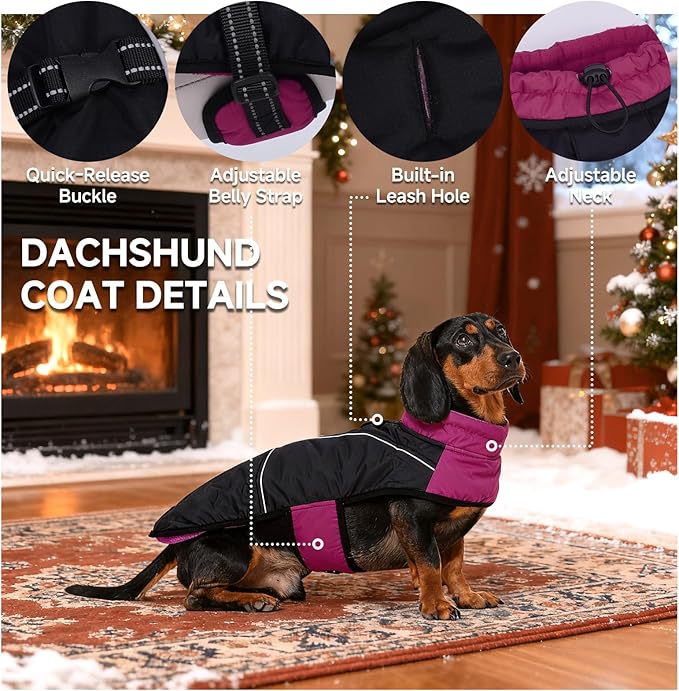 DORA BRIDAL Dachshund Coat, Fleece Lined Dog Winter Coat, Warm Dog Coats with Reflective Strips, Adjustable Waterproof Pet Jacket Clothes, S