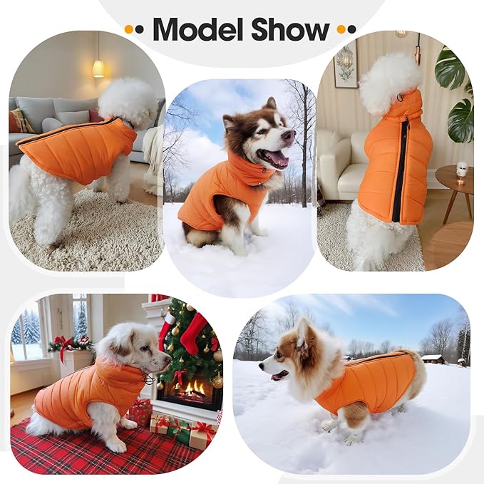 Large Dog Winter Coat with Back Zipper & Detachable Scarf, Waterproof Warm Dog Snow Jacket, Dogs Puffer Vest for Golden Retriever, German Shepherd, Orange 2XL