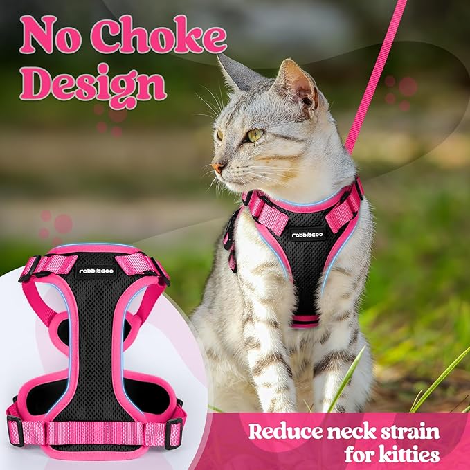 rabbitgoo Cat Harness and Leash Set, Escape Proof Soft Adjustable Vest Harnesses for Outdoor Walking, Easy Control Breathable Kitten Jacket with Reflective Strips, Black & Rose Pink, S
