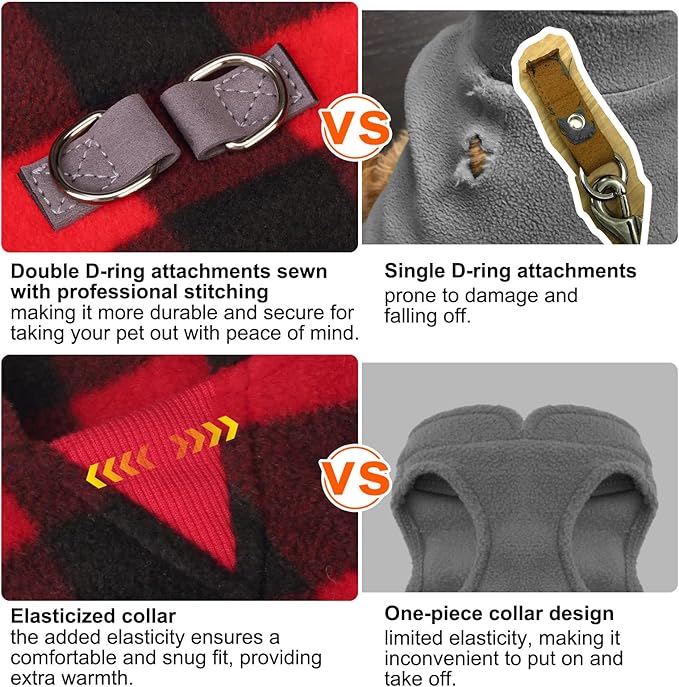BEAUTYZOO Small Dog Sweater Fleece Vest Winter Jacket, D-Ring Leash Attachment for XS S Puppy Medium Sized Breeds Dogs, Cold Weather Dog Clothes Windproof Keep Warm, Christmas Red Plaid XS