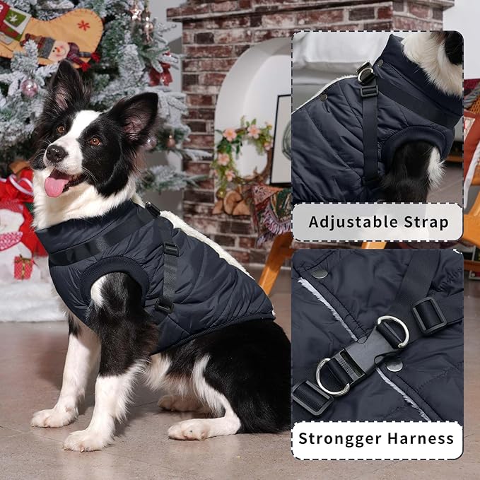 Dog Jacket with Harness,Fleece Lined Warm Puppy Coat for Winter,Soft Windproof Medium Dog Vest,Black L