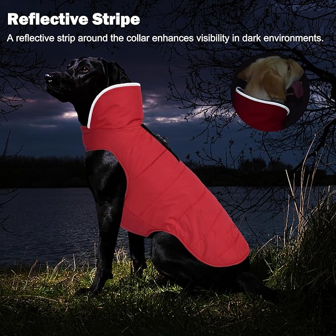Dog Winter Coat, Waterproof Dog Jacket with Leash Hole, Reflective Adjustable Pet Snow Vest, Warm Fleece Sweater for Small Medium Large Dogs - Red, S