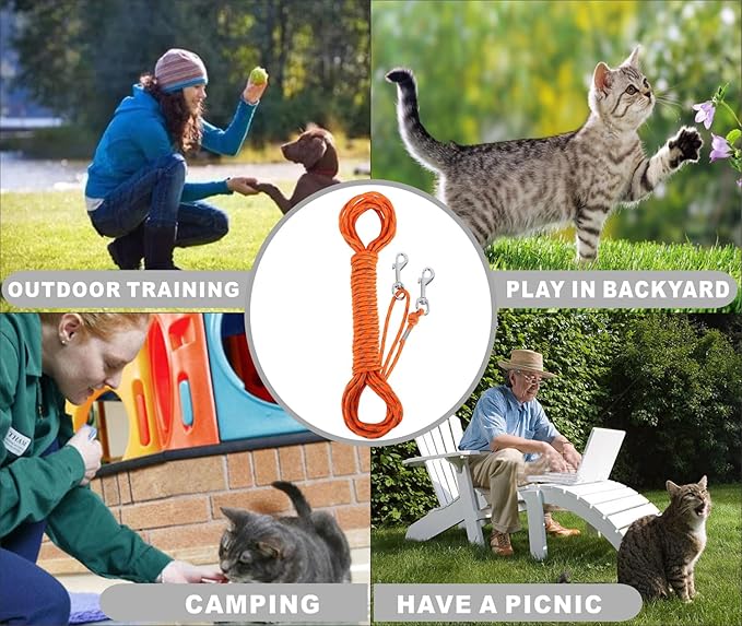 Reflective Cat Leash -15FT Cat Cable Out Escape Proof Walking Leads Yard Long Durable Safe Personalized Extender Leash Traning Play Outdoor for Puppies/Kittens/Rabbits/Small Animals