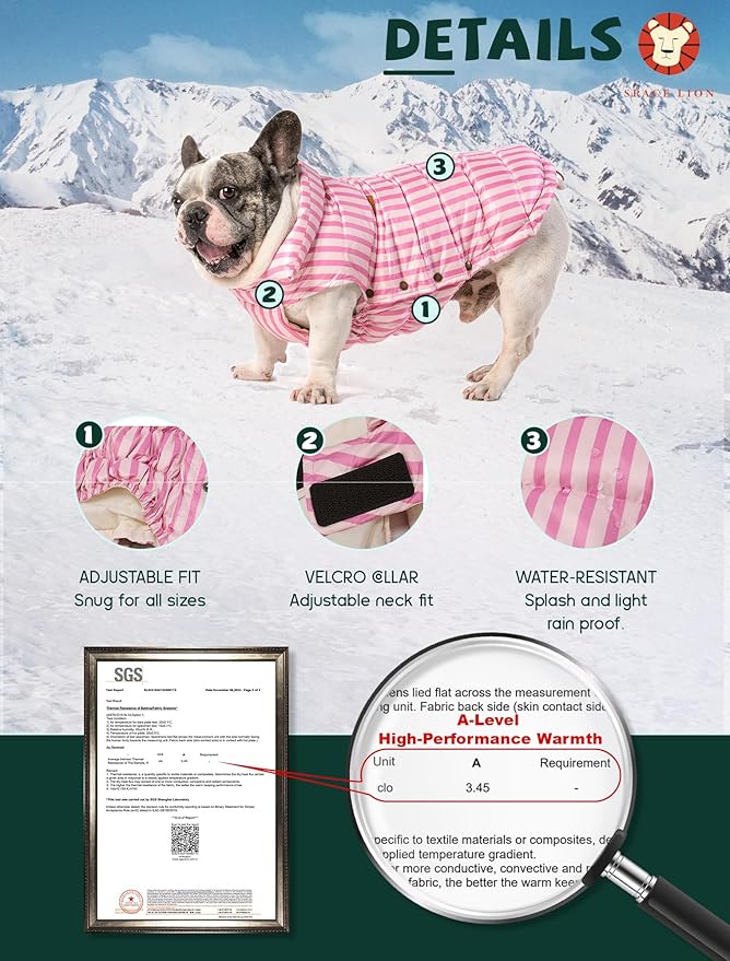 SPACE LION Dog Puffer Jacket, Down Winter Coat, Durable Outdoor Coat for Cold and Windy Conditions, Waterproof, Lightweight Jacket, Adjustable Fit for Small, Medium, Large Dogs(Pink,10/S)