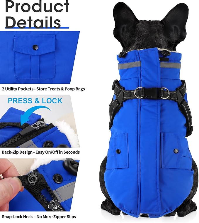 Dogcheer Dog Coat with Harness, Waterproof Warm Dog Winter Jacket with Pockets, Reflective Pet Fleece Jacket Turtleneck Snowsuit for Small Medium Large Dogs - Blue, XL