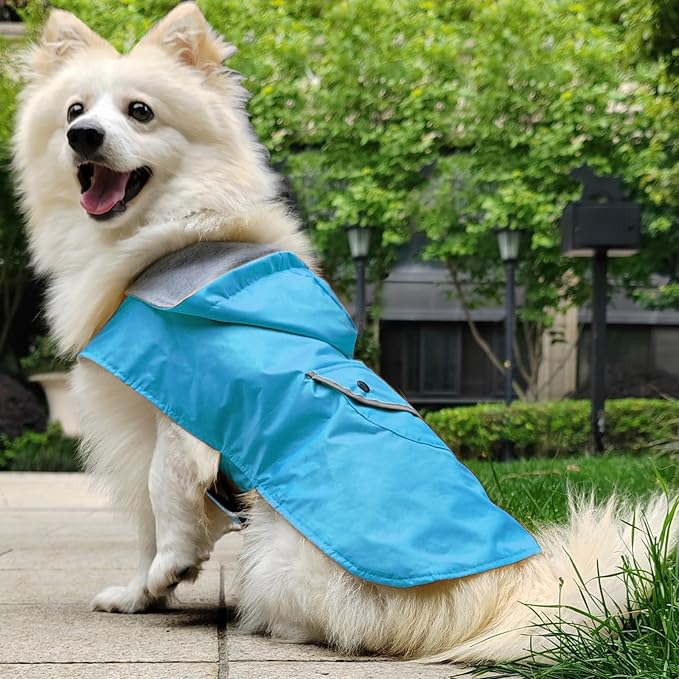 Dog Raincoat Dogs Rain Jacket Reflective Poncho Rainwear Waterproof Pet Clothes Warm Lined Pocket Hooded Leash Hole Adjustable for Puppy Small Dogs,Blue,M,Back Length 10.0 Inch