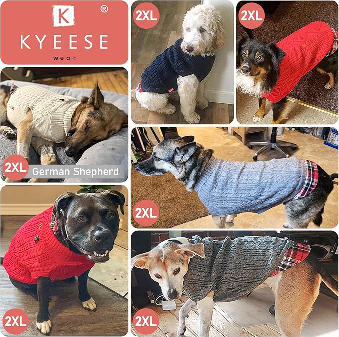 KYEESE Dog Sweater Stretchy Knitwear Cat Clothes Soft Pullover Dog Sweaters for Medium Dogs Boy Comfy Pet Coat for Fall Winter Cold Weather Warm Turtleneck Medium Dogs Sweater with Gingham Patchwork