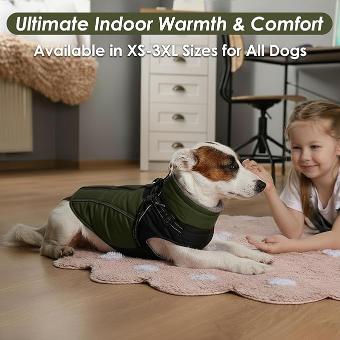 ASENKU Reflective Dog Coat with Built-in Harness, Windproof Fleece-Lined Dog Jacket for Small, Medium, Large Dogs, Warm Winter Vest with Turtleneck & Zipper (Green 2XL)