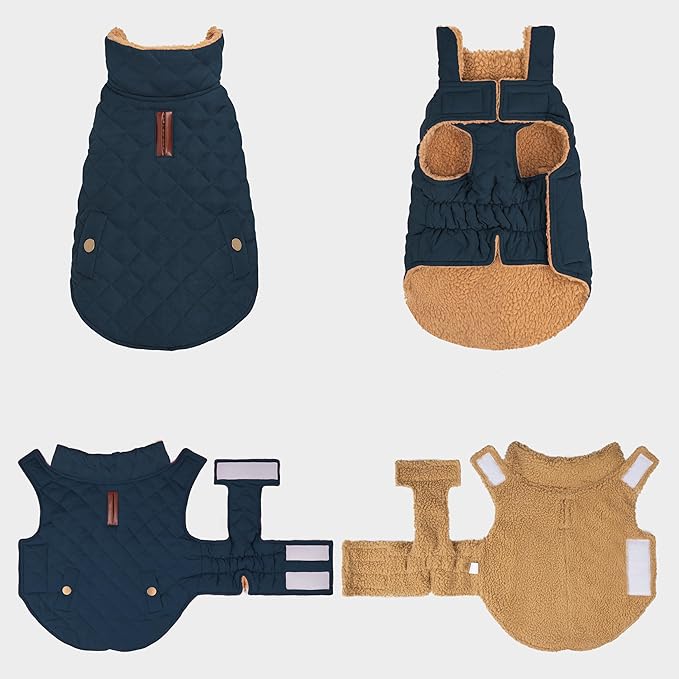 azuza Dog Jacket Waterproof & Windproof Dog Coat for Small Dogs with Thick Fleece, High Collar with Leash Hole, Adjustable Velcro & Elastic Belly, Navy, S