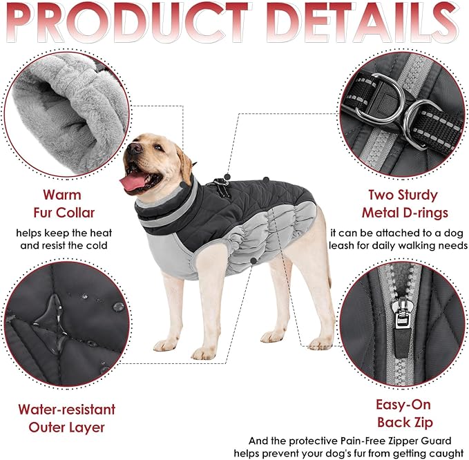 AOFITEE Dog Coat, Warm Dog Winter Coat, Reflective Turtleneck Large Dogs Jacket with Harness Built in, Turtleneck Pet Winter Jacket, Waterproof Pet Snow Jackets Fleece Vest, Grey XL