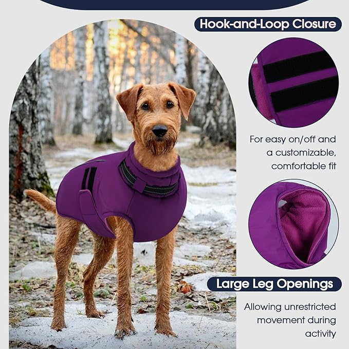 IECOii Winter Dog Coats for Large Dogs, Dog Snow Jacket with Built in Collar & Reflective Strips, Warm Windproof Fleece Dogs Jacket for Cold Weather, Adjustable Easy On Pet Snowsuit, Purple - XL