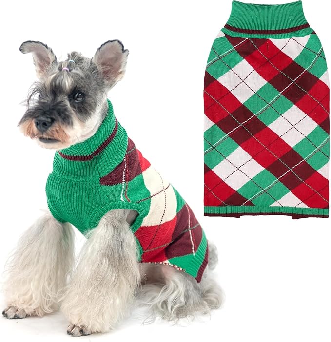 KOOLTAIL Dog Sweaters - Knitted Plaid Turtleneck Fleece with Leash Hole, Warm Clothing for Small, Medium & Large Dogs & Cats