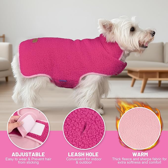 cyeollo Warm Dog Coat Sherpa Dog Winter Coat, Reversible Fleece Doggie Jackets Sweater Vest for Small Dogs Male with Leash Hole, Soft Cold Weather Pet Clothes, Fuchsia M