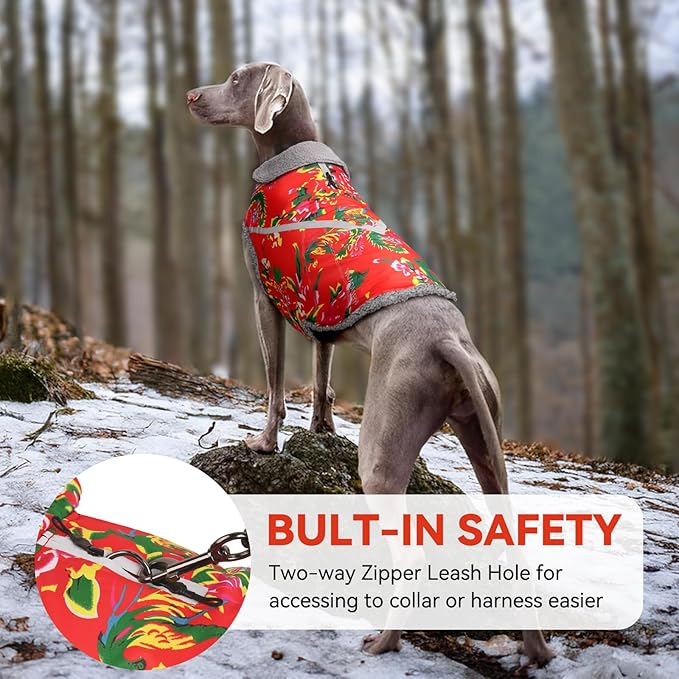 VIVAGLORY Snowrap Dog Coat, Jacket with Harness Hole & Velcro Closure, Dog Coat for Winter & Cold Weather, Fluffy Warm Fleece Lined Reflective Water Resistant for Puppy, M, Northeast Florals-Red