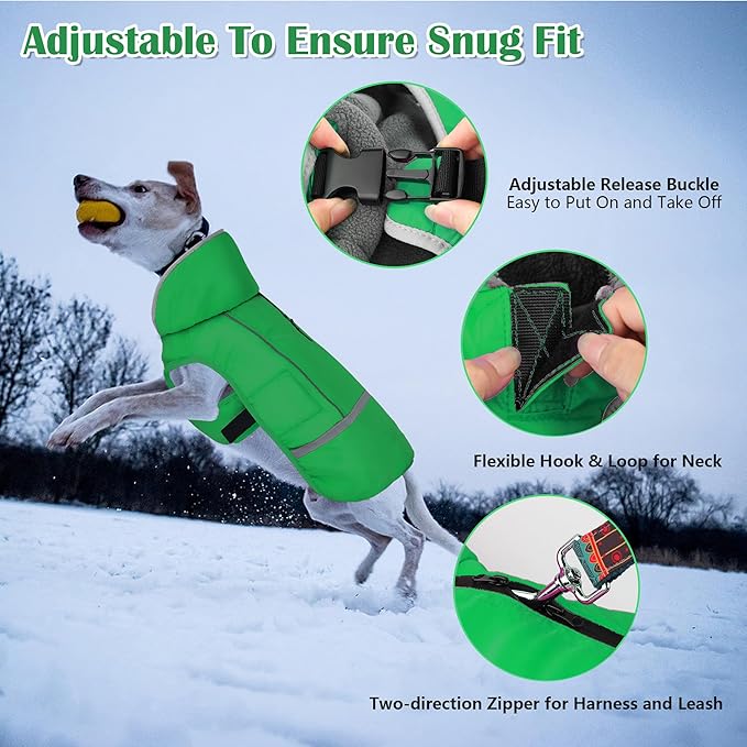 Dogcheer Warm Dog Coat, Waterproof Dog Jacket Christmas Puppy Winter Coat with Buckle, Reflective Adjustable Pet Snow Jacket Turtleneck Fleece Sweater for Small Medium Large Dogs - Green, XL