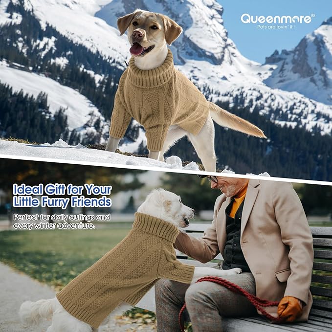 Queenmore XL Dog Sweater,Christmas Dog Sweaters for Extra Large Dogs Girl Boy,Warm Soft Fall Doggy Pullover Clothes,Turtleneck Knitted Pet Winter Apparel for Golden Retriever,Labrador(Camel,XL)