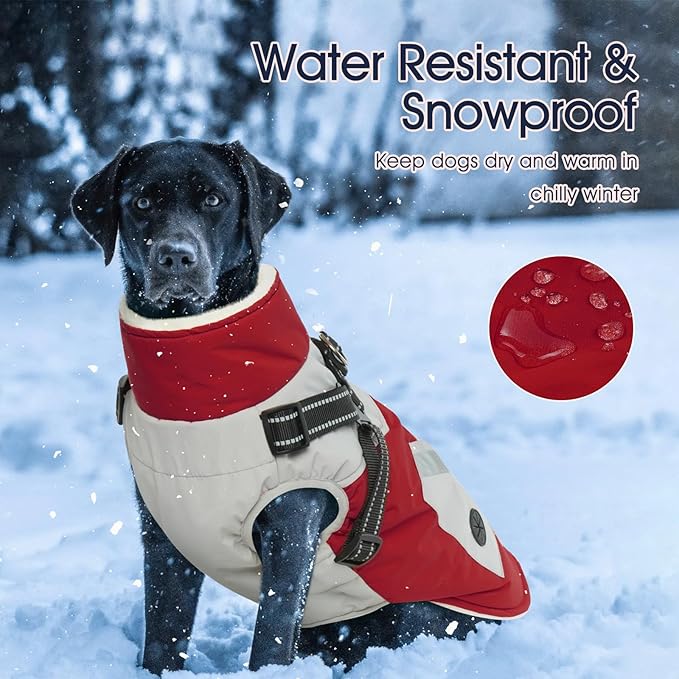 IECOii Dog Coat for Large Dogs Waterproof Dog Winter Jacket with Harness Built in, Red - XXLarge, Thermal Warm Fleece Lined, Reflective Dogs Jackets for Cold Weather Camping, Hiking, Pitbull