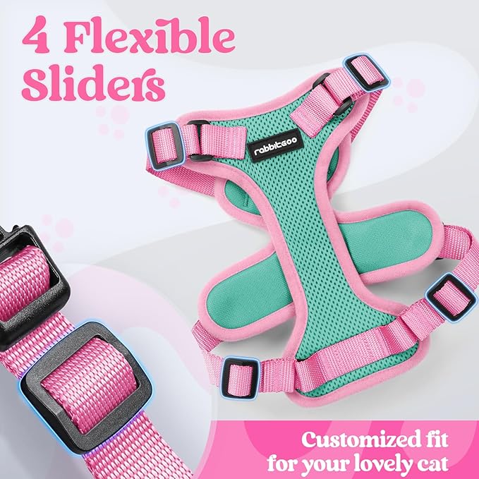 rabbitgoo Cat Harness and Leash Set, Escape Proof Soft Adjustable Vest Harnesses for Outdoor Walking, Easy Control Breathable Kitten Jacket with Reflective Strips, Green & Pink, XS