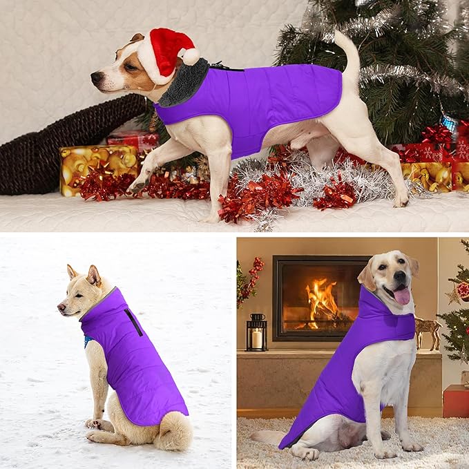 Dog Winter Coat, Waterproof Dog Jacket with Leash Hole, Reflective Adjustable Pet Snow Vest, Warm Fleece Sweater for Small Medium Large Dogs - Purple, S
