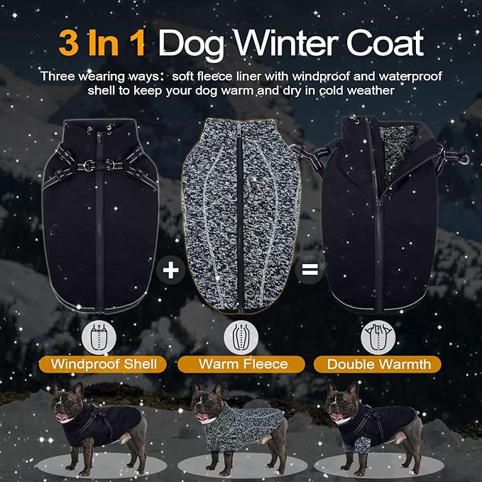 Lelepet Dog Coat 3 in 1 Waterproof Dog Winter Jacket with Harness Built in Windproof Snow Jakcet with Detachable Fleece Sweater Lining Reflective Thermal Cold Weather Coats for Small Medium Large Dogs