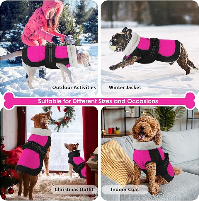 Dogcheer Waterproof Dog Coat, Christmas Dog Winter Jacket, Adjustable Puppy Fleece Coat for Cold Weather, Reflective Turtleneck Snow Jacket for Small Medium Large Dogs - Pink, XL