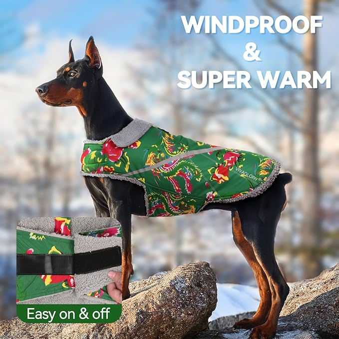 VIVAGLORY Snowrap Dog Coat, Jacket with Harness Hole & Velcro Closure, Dog Coat for Winter & Cold Weather, Fluffy Warm Fleece Lined Reflective Water Resistant for Puppy, XXS, Northeast Florals-Green