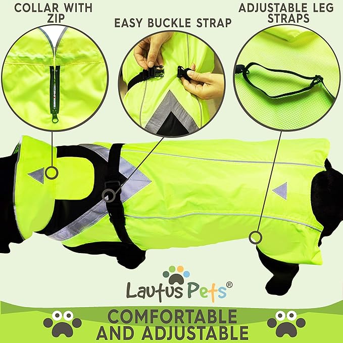 Dog Rain Coat - Waterproof, Reflective, Bright Yellow with Harness Hole (M, Yellow)
