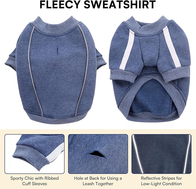 Queenmore Fleece Dog Sweater for Male Dogs, Soft Pullover Dog Sweatshirt with Leash Hole/Reflective Stripes – Cozy Winter Fleece Jacket for Small Medium Large Boy Puppy, Blue M