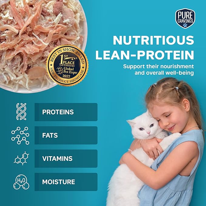 Pure Cravings Chicken Recipe in Broth, Shredded Wet Cat Food, Variety Flavor Pack: Chicken, Lamb, Duck, Beef; Grain-Free Protein, Non-GMO