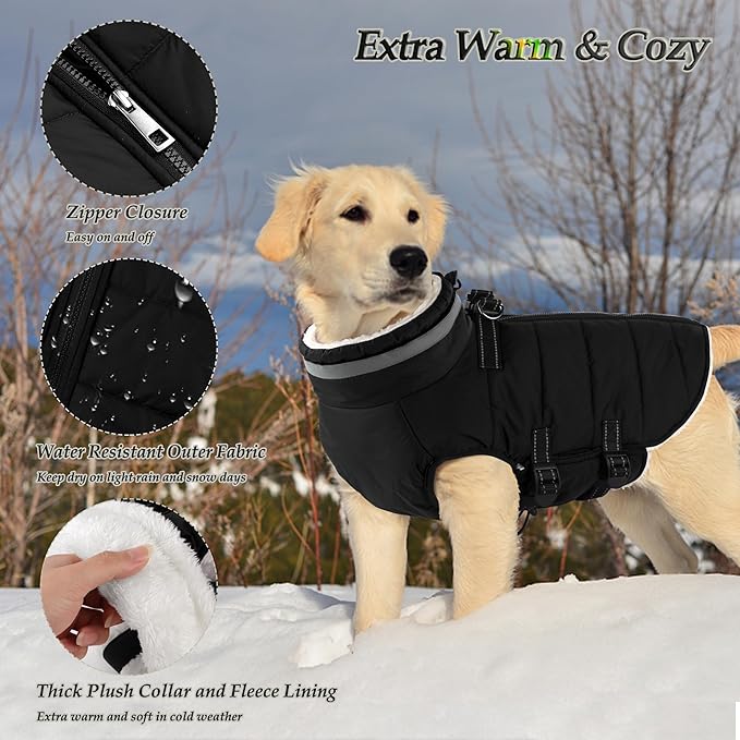 Dogcheer Dog Coat, Waterproof Dog Jacket with Harness, Reflective Adjustable Winter Coat with Zipper, Christmas Pet Snow Jacket Clothes for Small Medium Large Dogs - Black 3XL