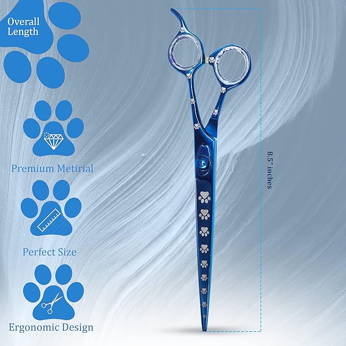 Professional Dog Grooming Scissors/Shears, Straight, with Paw Prints for Dogs, Cats & Pets (Right Handed, Blue, Stainless Steel 8 Inch)