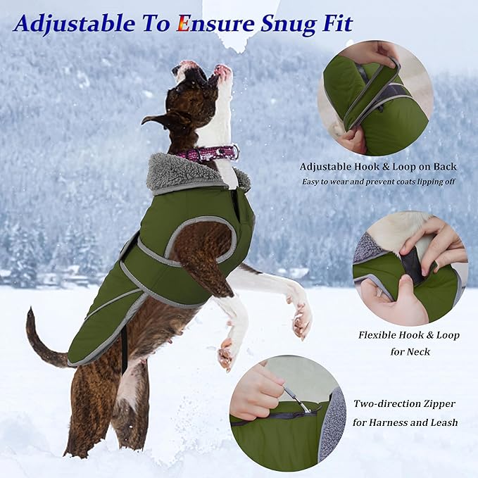 Dogcheer Dog Coat, Waterproof Dog Jacket Reflective Pet Winter Coat with Adjustable Hook & Loop, Christmas Puppy Fleece Jacket Warm Turtleneck Snowsuit for Small Medium Large Dogs - Green, XL