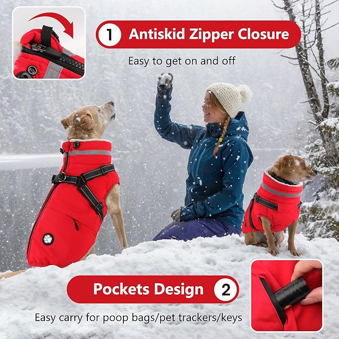 Dogcheer Dog Coat with Harness, Waterproof Dog Jacket, Christmas Puppy Winter Coat with Pocket, Reflective Doggy Turtleneck Puffer Vest for Small Medium Large Dogs - Red, S