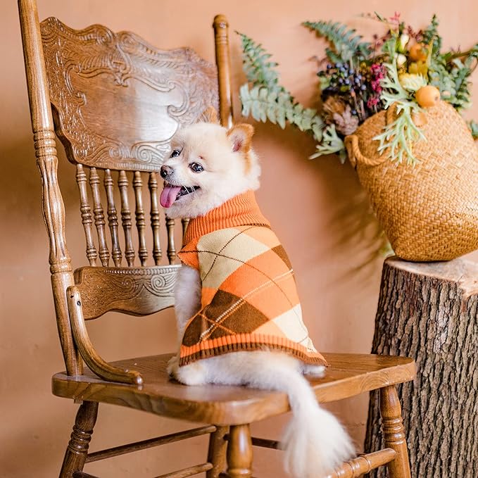 KOOLTAIL Fall Dog Sweater Pet Knitted Clothes - Thanksgiving Classic Plaid Pullover Turtleneck Dog Sweaters with Leash Hole, Thick Cold Weather Pet Outfits for Small Medium Large Dogs Cats Puppy, S