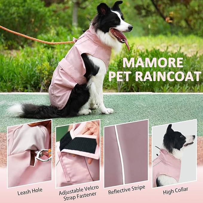Waterproof Dog Raincoat, Adjustable Lightweight Dog Rain Jacket with Reflective Strip Leash Hole for Small Medium Large Dogs (Pink, Medium(13-22lb))