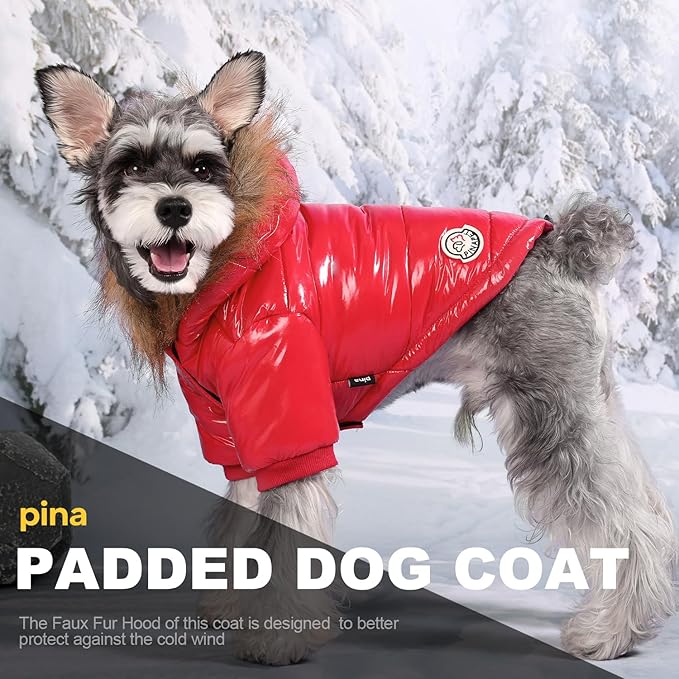 PINA Winter Coat with Faux Fur Hood, Windproof and Warm, Suitable for Small to Large Dogs, Red, M