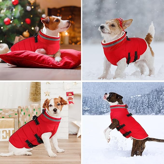 Dogcheer Dog Coat with Harness, Waterproof Dog Jacket Adjustable Pet Winter Coat with Zipper, Christmas Puppy Snow Jacket Fleece Sweater for Small Medium Large Dogs - Red L