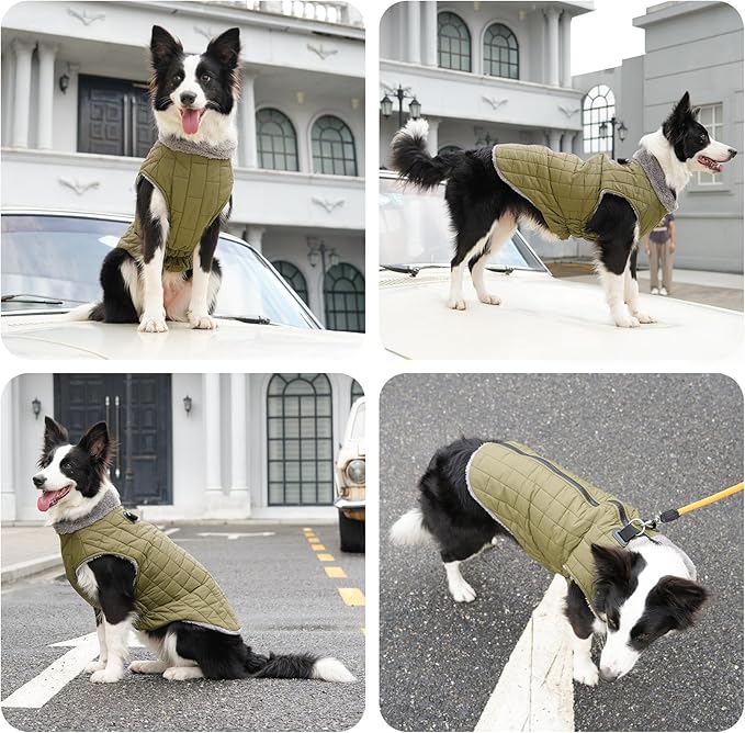 Warm Fleece Dog Coats with Durable Harness Buitl in D-Ring,Waterproof Doggie Jacket for Large Dogs,Dog Vest for Cold Winter,Green XXXL