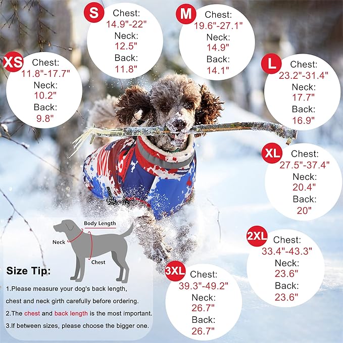 Dogcheer Dog Winter Coat, American Flag Dog Jacket with Harness, Adjustable Puppy Coat with Zipper, Waterproof Pet Fleece Jacket Snowsuit for Small Medium Large Dogs - US Flag 3XL