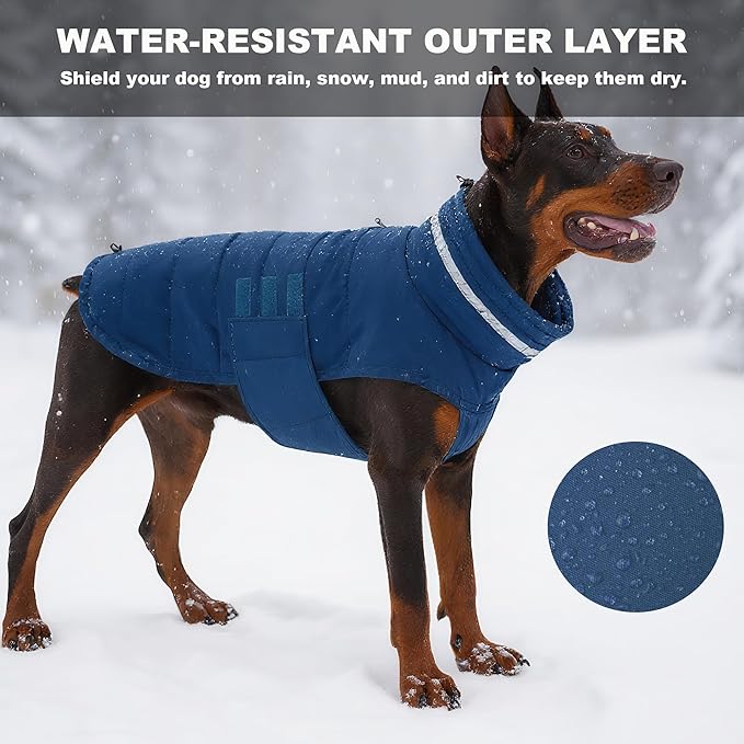 Dog Coat, Waterproof Winter Jacket, Warm Windproof Vest, Reflective Adjustable Turtleneck Coats for Medium and Large Dogs with Hook & Loop - Blue - L
