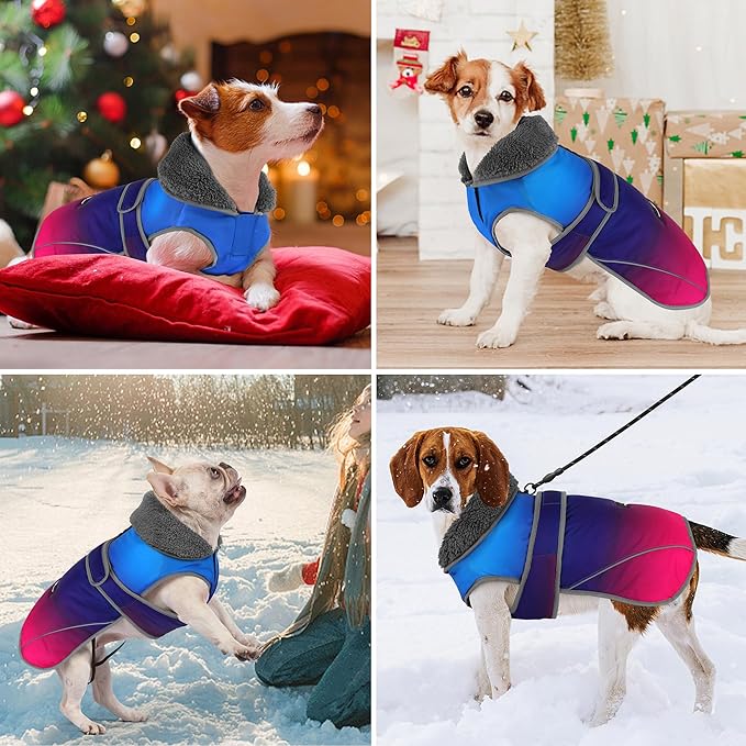 Dogcheer Dog Coat, Waterproof Dog Jacket Reflective Pet Winter Coat with Adjustable Hook & Loop, Christmas Puppy Fleece Jacket Warm Snowsuit for Small Medium Large Dogs - Gradient Blue-red, S
