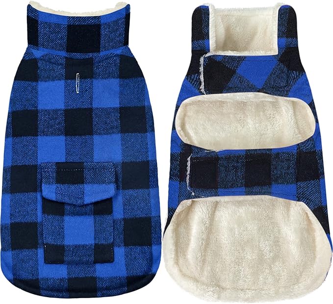 Malier Dog Winter Coat, Classic Plaid Fleece Dog Cold Weather Coats Dog Jacket with Pocket, Windprood Warm Dog Coat Vest Winter Pet Clothes Apparel for Small Medium Large Dogs (Blue, Medium)