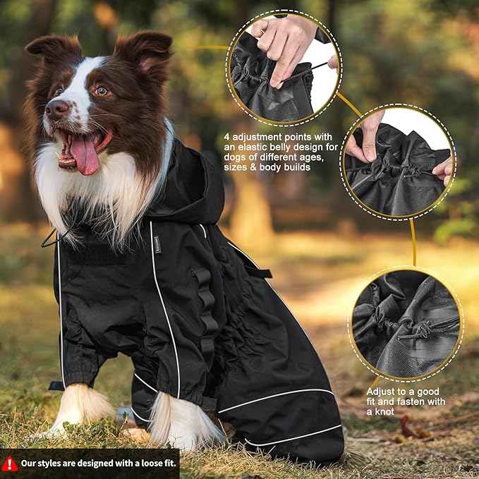 OneTigris Dog Raincoat with Hood for Medium Large Dogs, Waterproof & Reflective, 4 Legs Dog Rain Jacket Adjustable Puppy Poncho for The Rain and Snow (Black, Medium)
