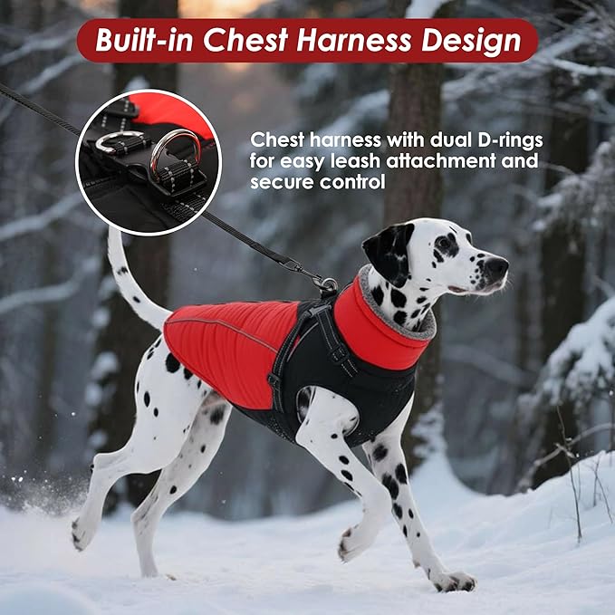 ASENKU Reflective Dog Coat with Built-in Harness, Windproof Fleece-Lined Dog Jacket for Small, Medium, Large Dogs, Warm Winter Vest with Turtleneck & Zipper (Red XL)