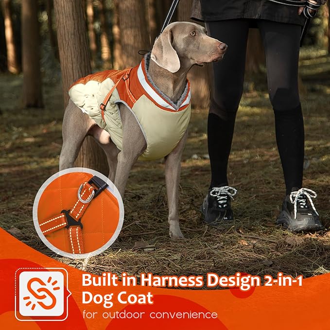 Dog Winter Coat with Harness, Dog Jacket, Pet Clothes with Zipper on Back, Waterproof Windproof Warm Vest, Reflective Cold Weather Coats, for Small Medium Large Dogs, Thick, Orange, 2XL
