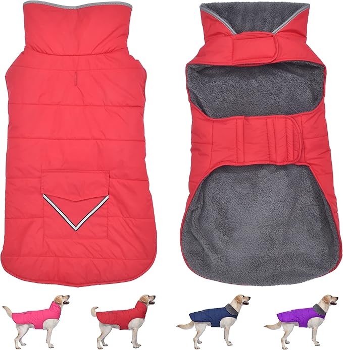 Dog Coat, Waterproof Dog Winter Jacket with Pocket, Reflective Adjustable Pet Snow Vest, Warm Cozy Fleece Sweater for Small Medium Extra Large Dogs - Red, S