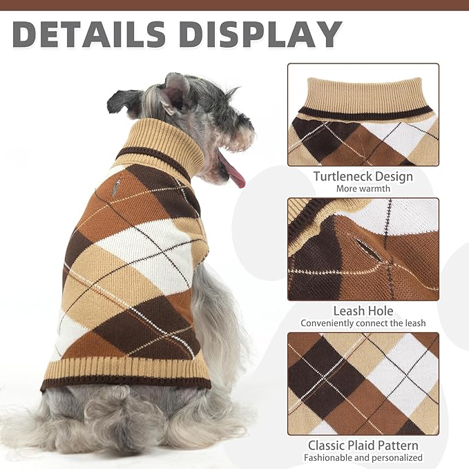 KOOLTAIL Dog Sweater Pet Knitted Clothes - Classic Plaid Pullover Turtleneck Thick Warm Fall Dog Sweaters with Leash Hole, Soft Winter Coats for Small Medium Large Dogs Cats Puppy Girls Boys, M
